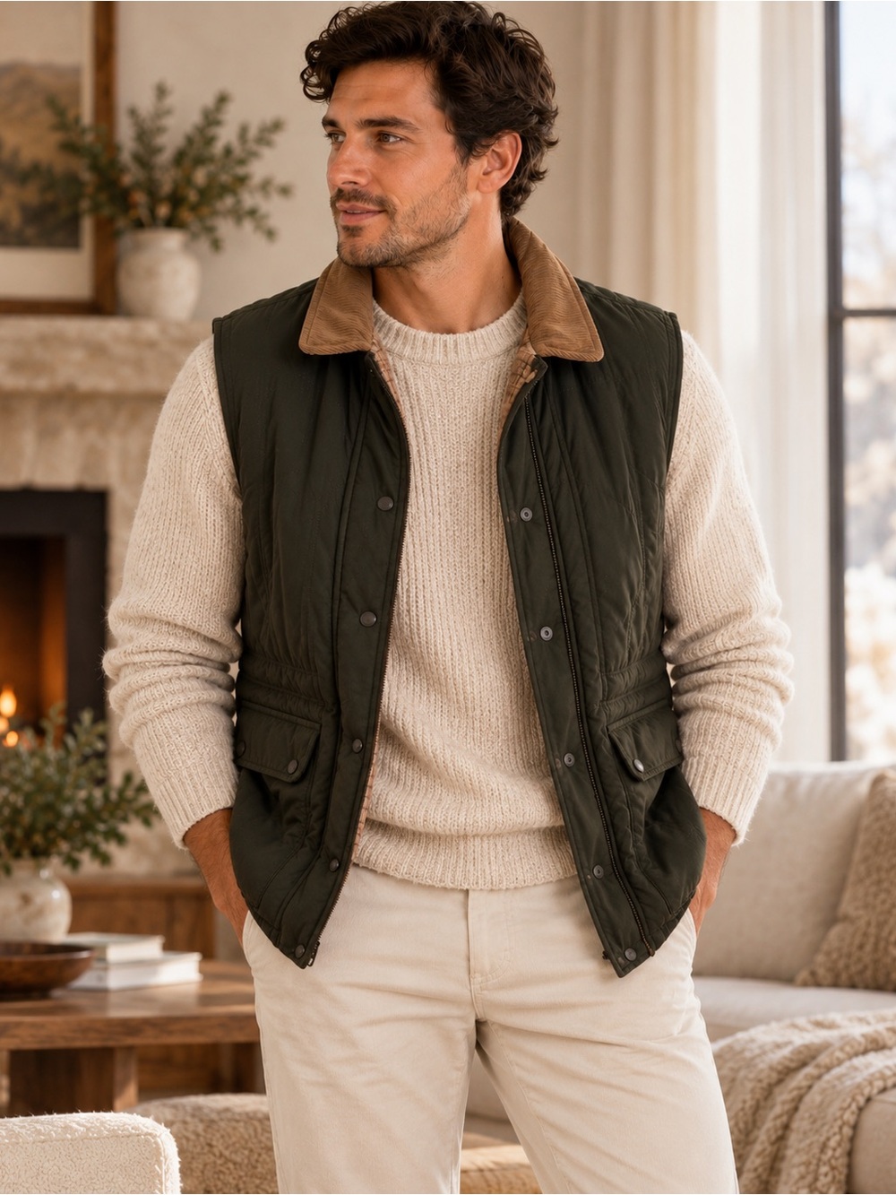 Reel Legends Quilted Olive Green Vest with Tan Corduroy Collar